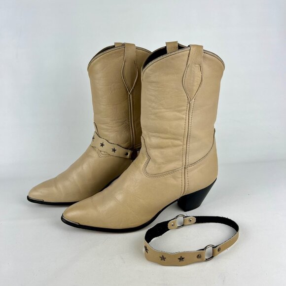 Laredo Womens Cream Leather Western Cowboy Boots Star Studded Strap size 10M - Picture 3 of 16